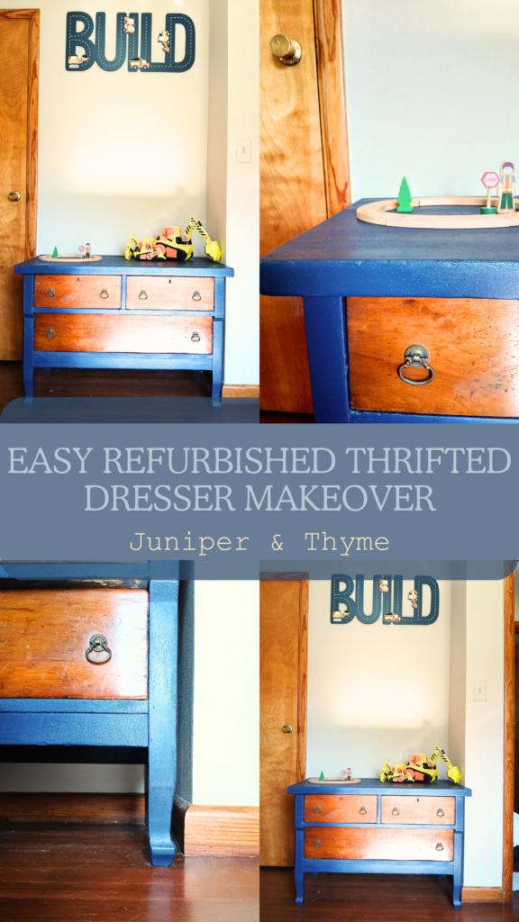 Four pictures of a refurbished dresser painted a navy blue.