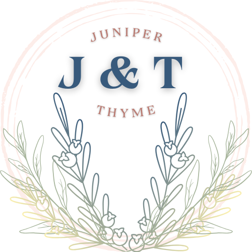 Brand logo of a circle with juniper and thyme branches at the bottom. The blog Juniper & Thyme's initials are in the top middle section of the circle.