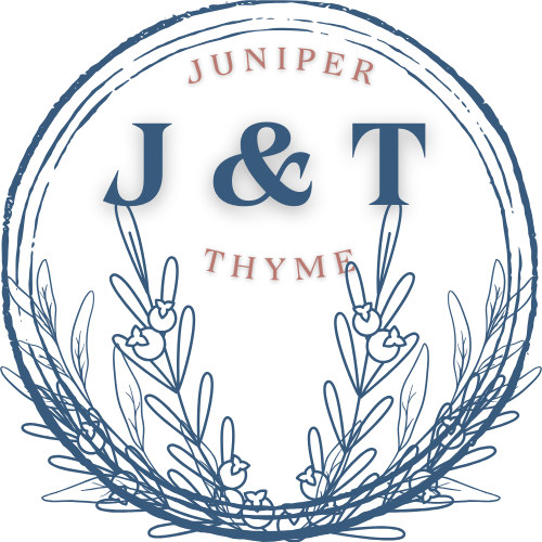 The blog Juniper & Thyme brand logo in navy blue.