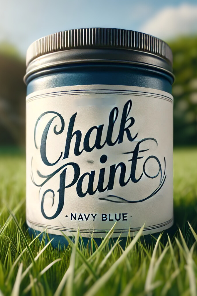 Jar of navy blue chalk paint sitting in the grass.