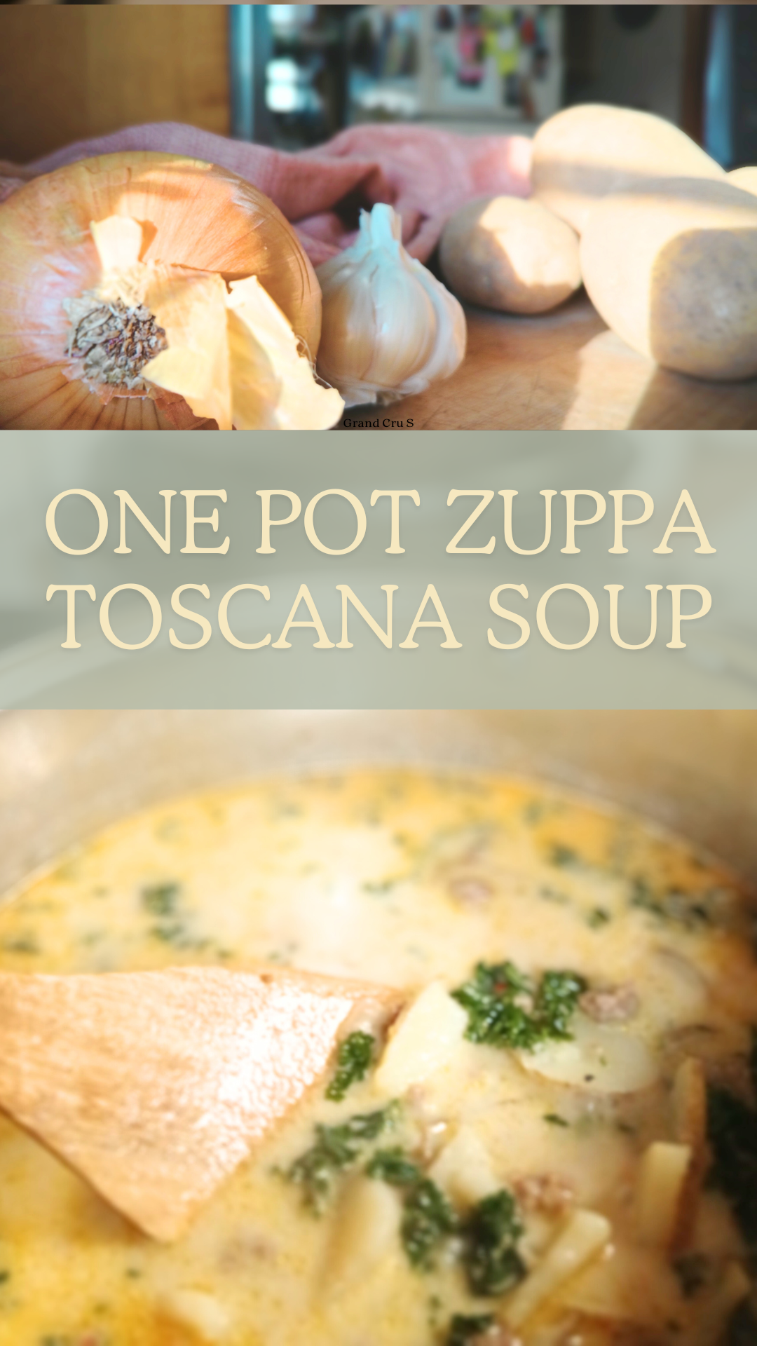 zuppa Toscana soup in silver Dutch over and Ingredients for soup