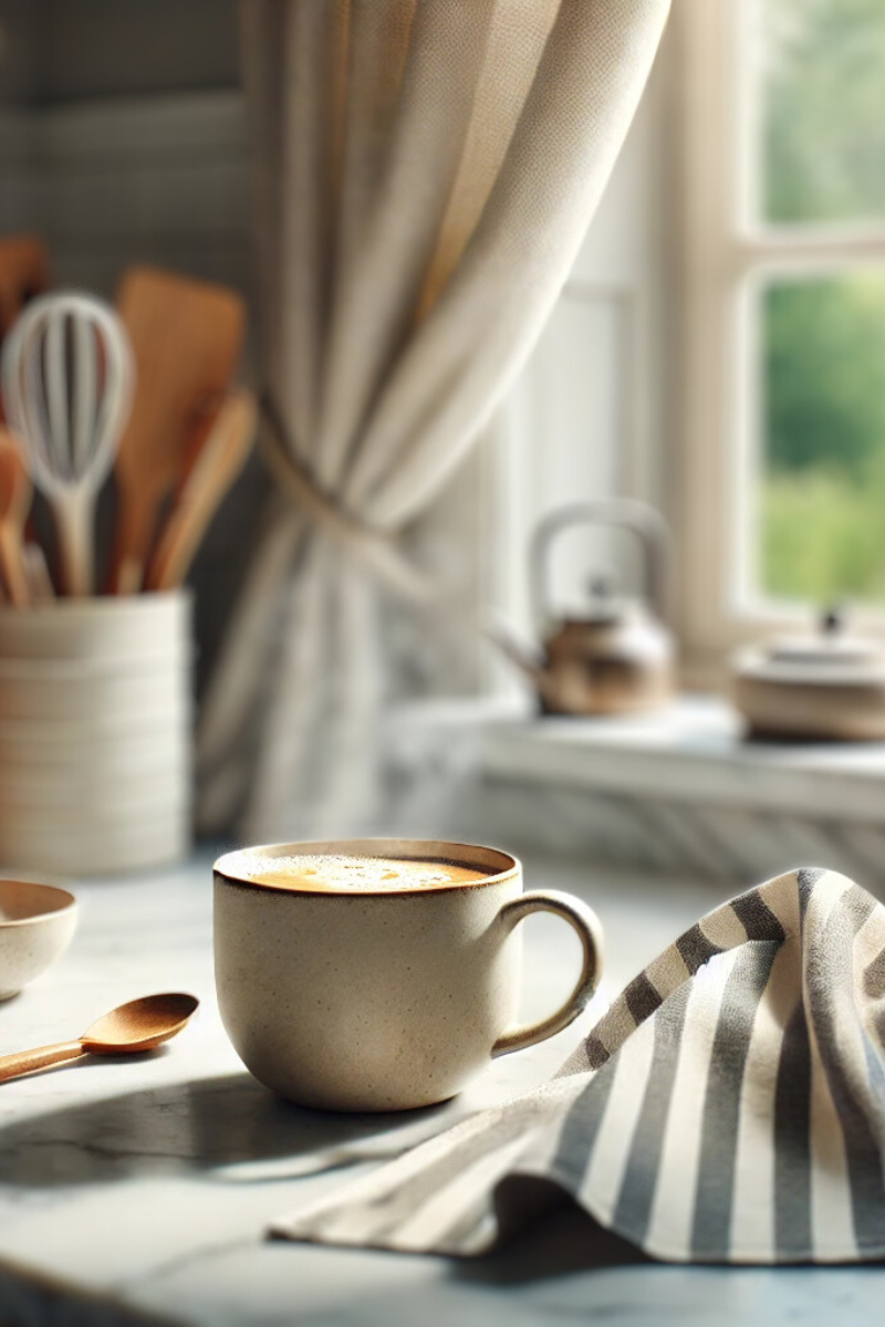 Fresh cup of hot coffee in front of the window of a kitchen.