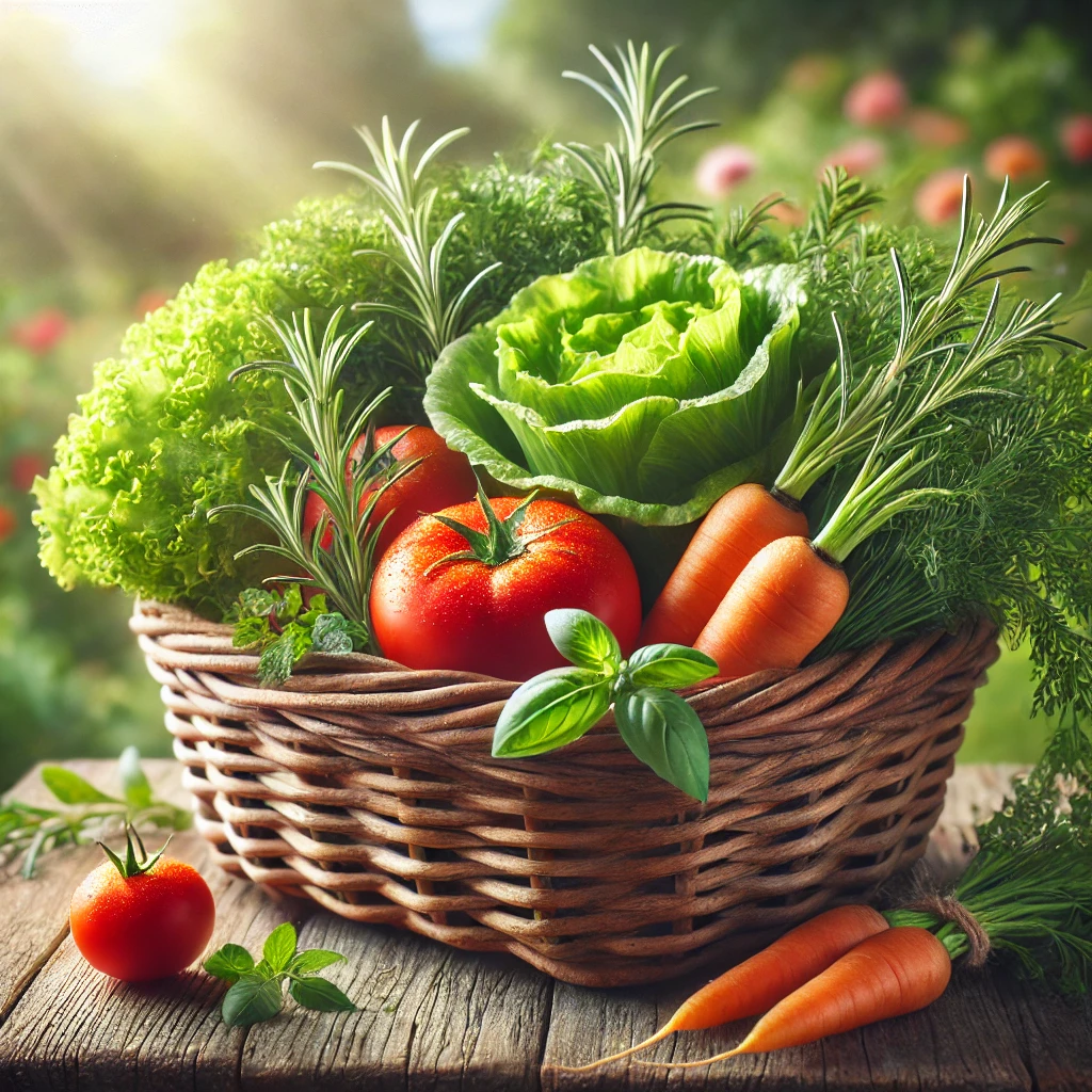 Woven basket full of vegetables on a wooden table outside.