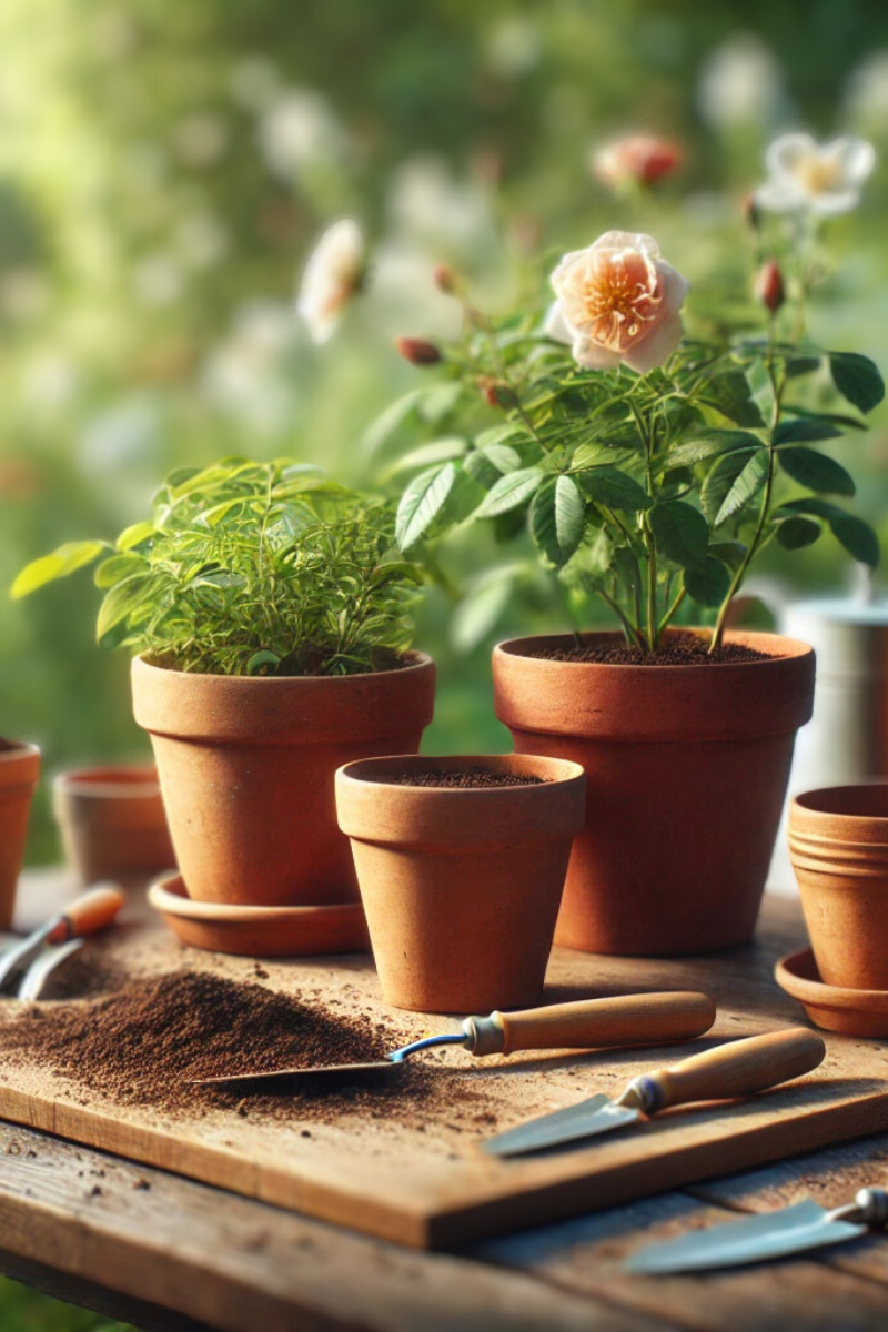 terracotta pots and potting soil all over work bench. 